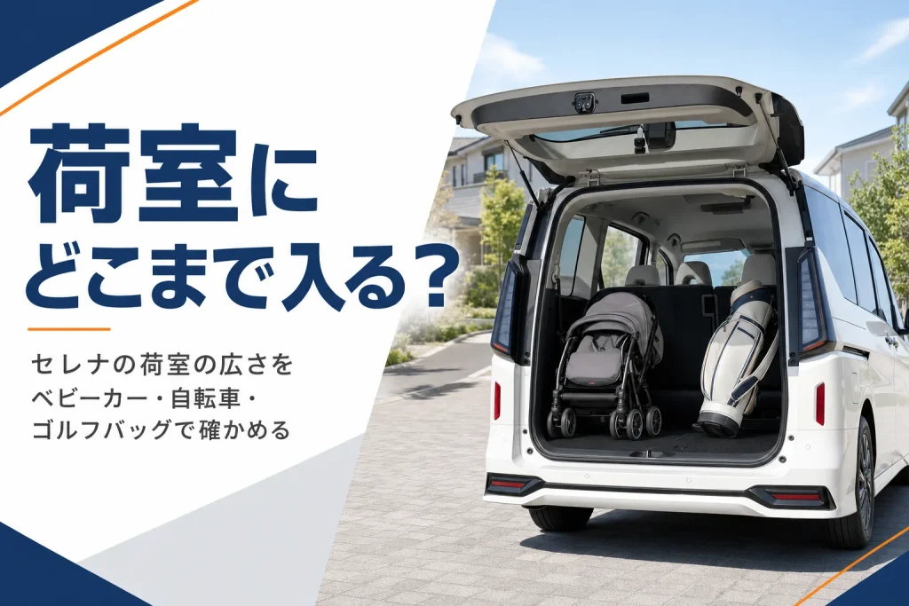 日産セレナの荷室にベビーカーとゴルフバッグを積んだ様子のアイキャッチ