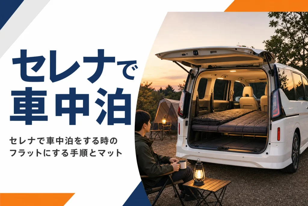 ミニバンの車内にマットを敷いて車中泊をするイメージ